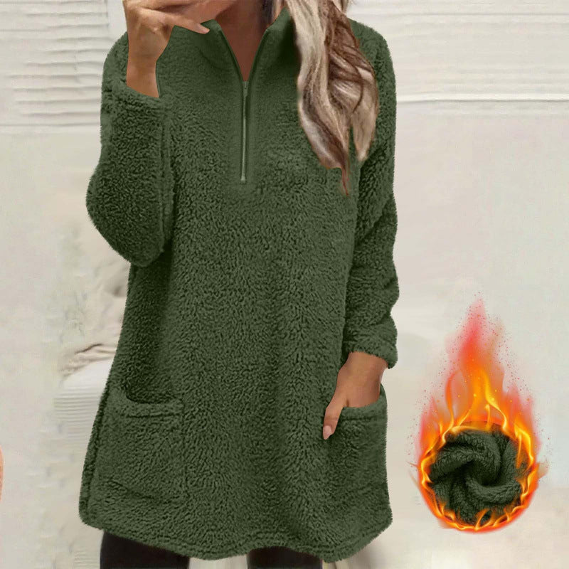 🔥Beliebtes Produkt ！✨Plüsch-Sweatshirt für Damen mit halbem Reißverschluss und Taschen
