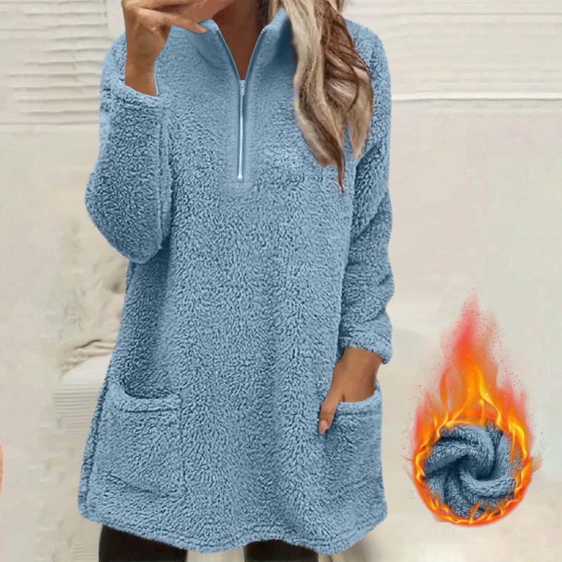 🔥Beliebtes Produkt ！✨Plüsch-Sweatshirt für Damen mit halbem Reißverschluss und Taschen