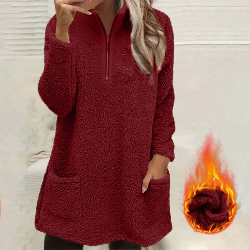 🔥Beliebtes Produkt ！✨Plüsch-Sweatshirt für Damen mit halbem Reißverschluss und Taschen