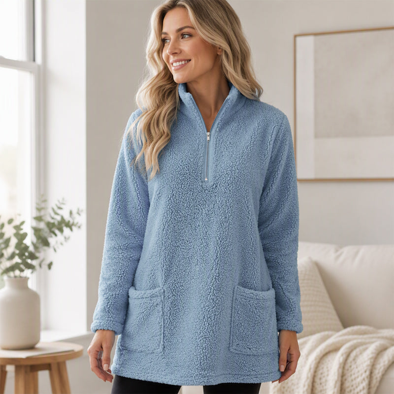 🔥Beliebtes Produkt ！✨Plüsch-Sweatshirt für Damen mit halbem Reißverschluss und Taschen
