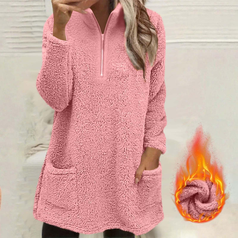 🔥Beliebtes Produkt ！✨Plüsch-Sweatshirt für Damen mit halbem Reißverschluss und Taschen