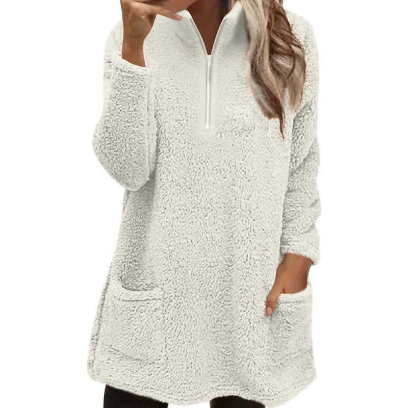 🔥Beliebtes Produkt ！✨Plüsch-Sweatshirt für Damen mit halbem Reißverschluss und Taschen
