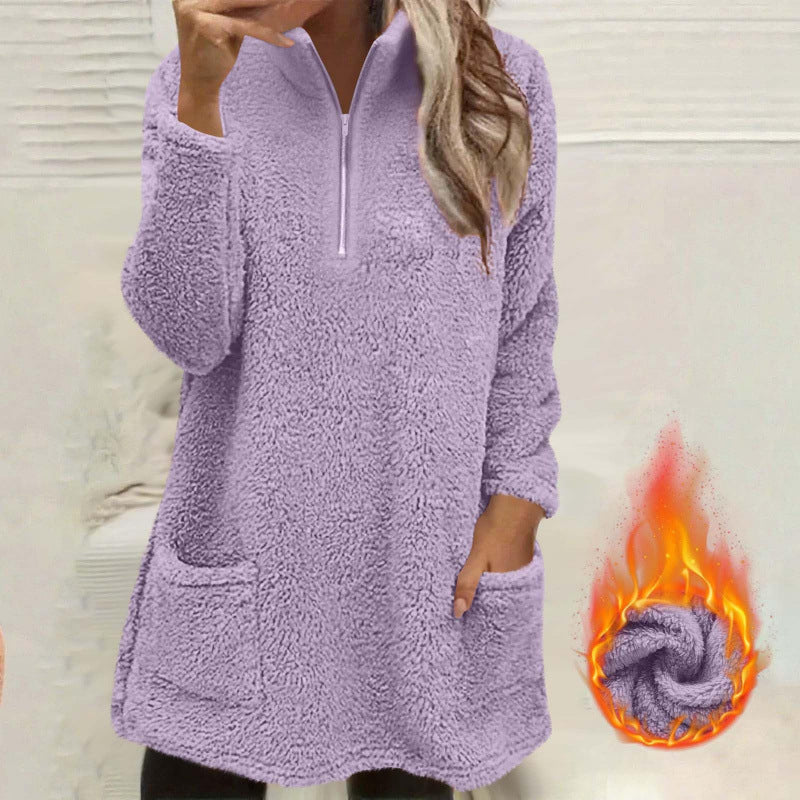 🔥Beliebtes Produkt ！✨Plüsch-Sweatshirt für Damen mit halbem Reißverschluss und Taschen