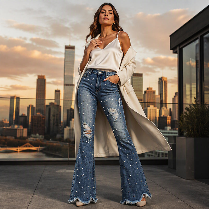 🔥Beliebtes Produkt ！✨Damen High-Waist Destroyed Flare Jeans
