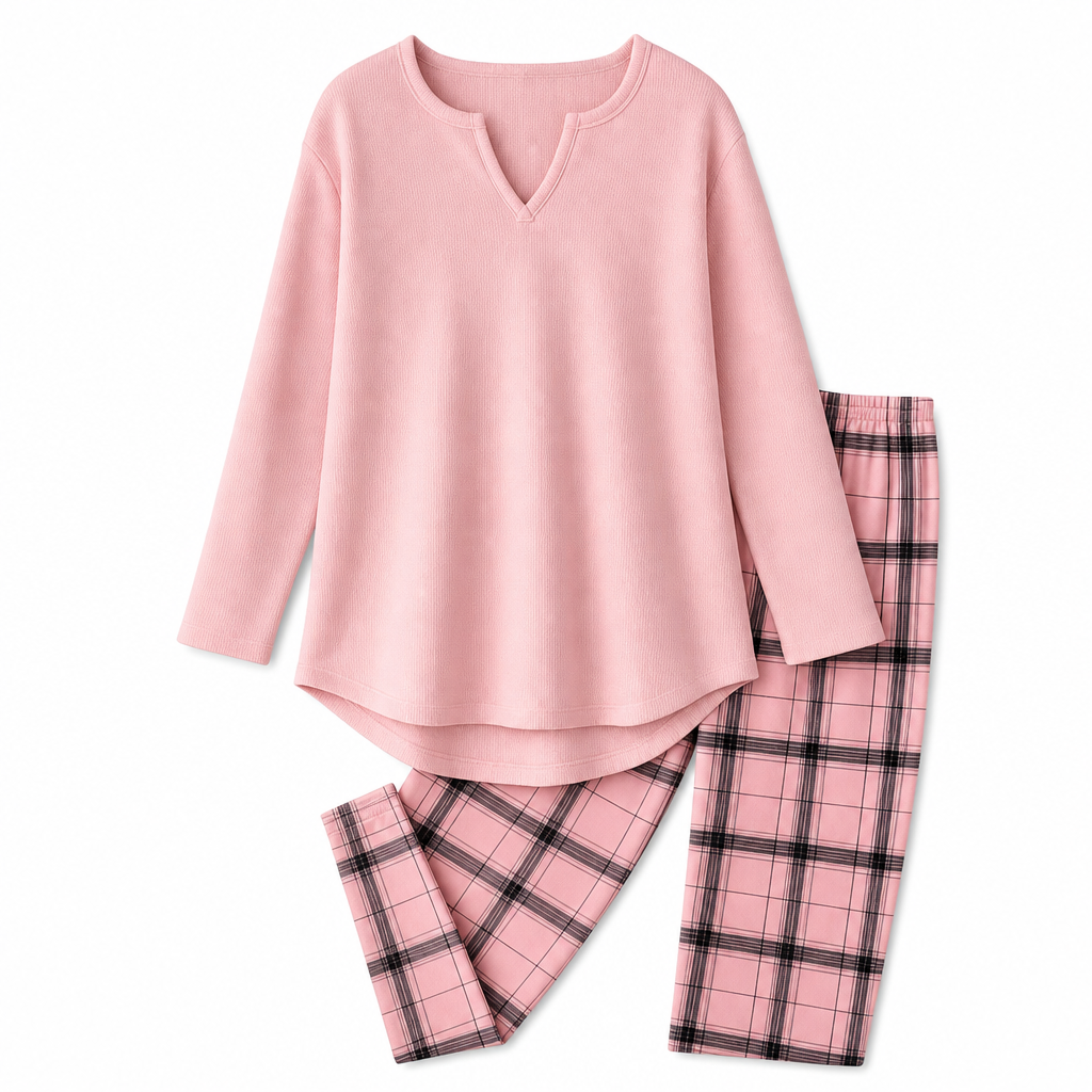 Damen-Set aus Strickoberteil und karierten Leggings