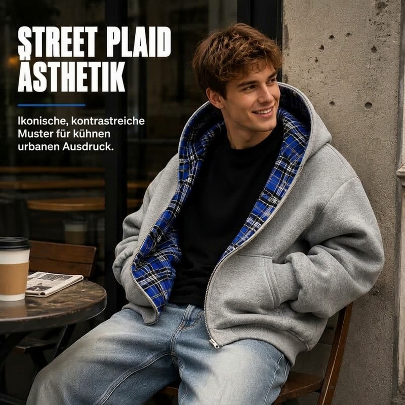 Unisex Wendbare Karierte Kapuzenjacke mit Reißverschluss