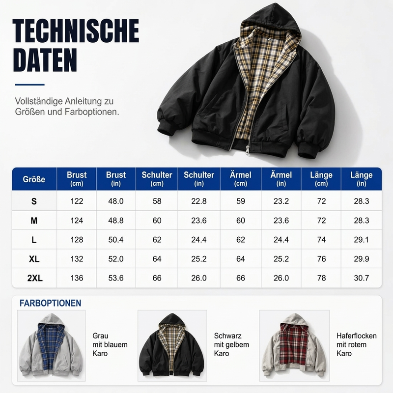 Unisex Wendbare Karierte Kapuzenjacke mit Reißverschluss