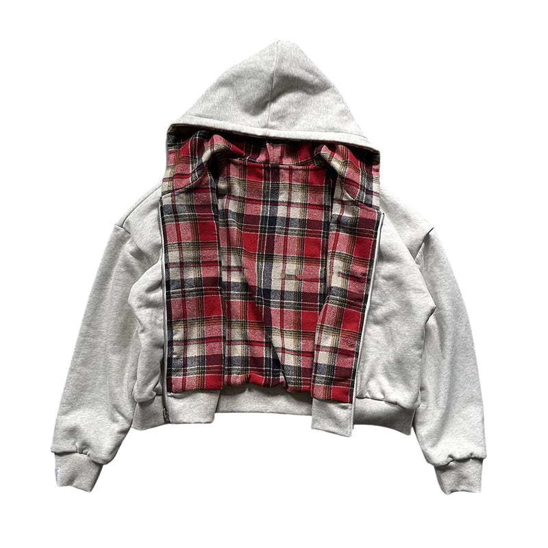 Unisex Wendbare Karierte Kapuzenjacke mit Reißverschluss