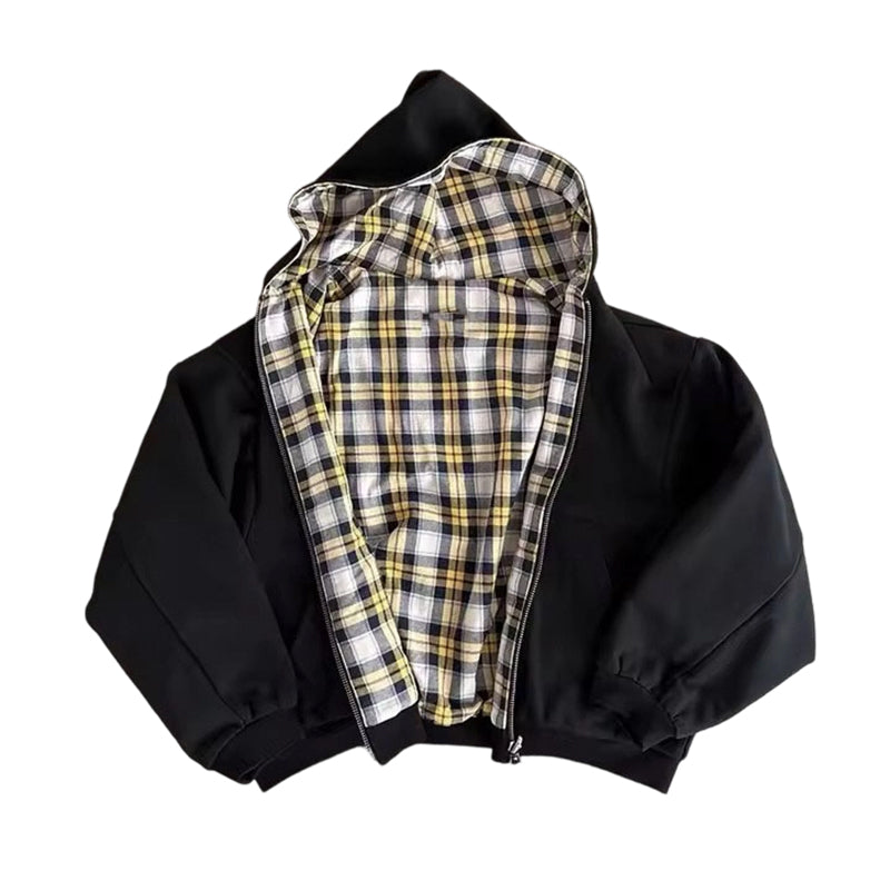 Unisex Wendbare Karierte Kapuzenjacke mit Reißverschluss