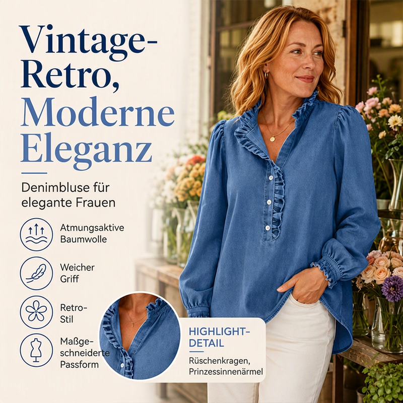 🔥Beliebtes Produkt ！✨Jeans-Oberteil für Damen mit Rüschenkragen und Puffärmeln