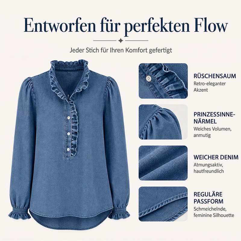 🔥Beliebtes Produkt ！✨Jeans-Oberteil für Damen mit Rüschenkragen und Puffärmeln