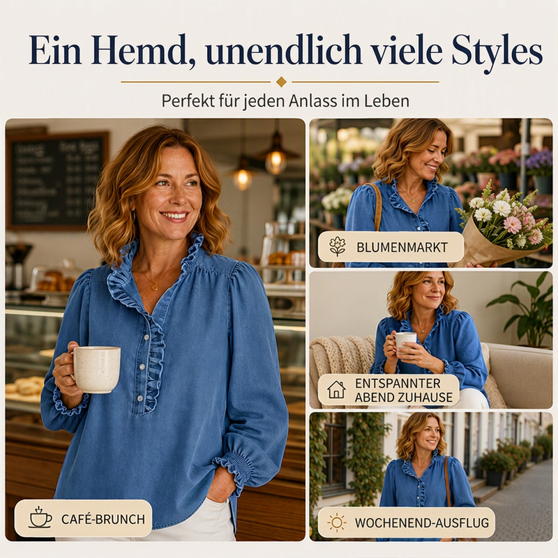 🔥Beliebtes Produkt ！✨Jeans-Oberteil für Damen mit Rüschenkragen und Puffärmeln