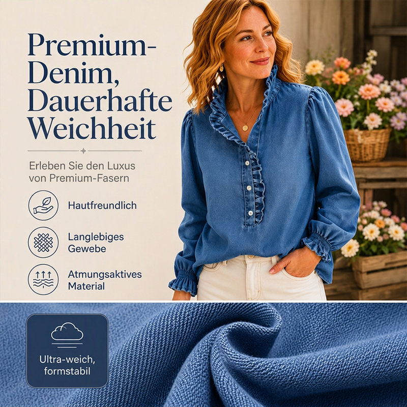 🔥Beliebtes Produkt ！✨Jeans-Oberteil für Damen mit Rüschenkragen und Puffärmeln