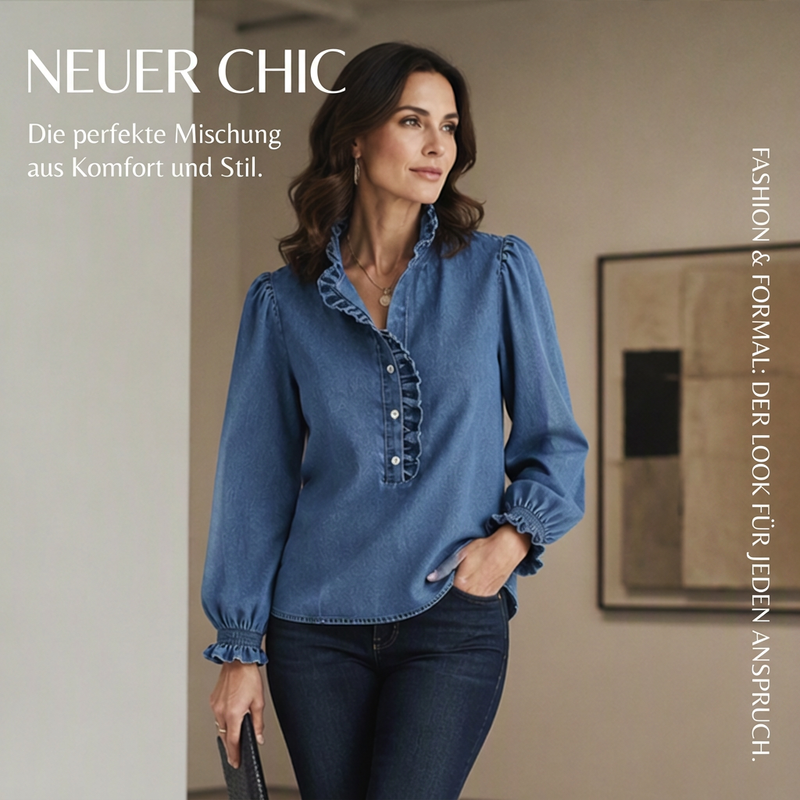 🔥Beliebtes Produkt ！✨Jeans-Oberteil für Damen mit Rüschenkragen und Puffärmeln