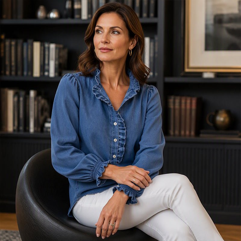 🔥Beliebtes Produkt ！✨Jeans-Oberteil für Damen mit Rüschenkragen und Puffärmeln