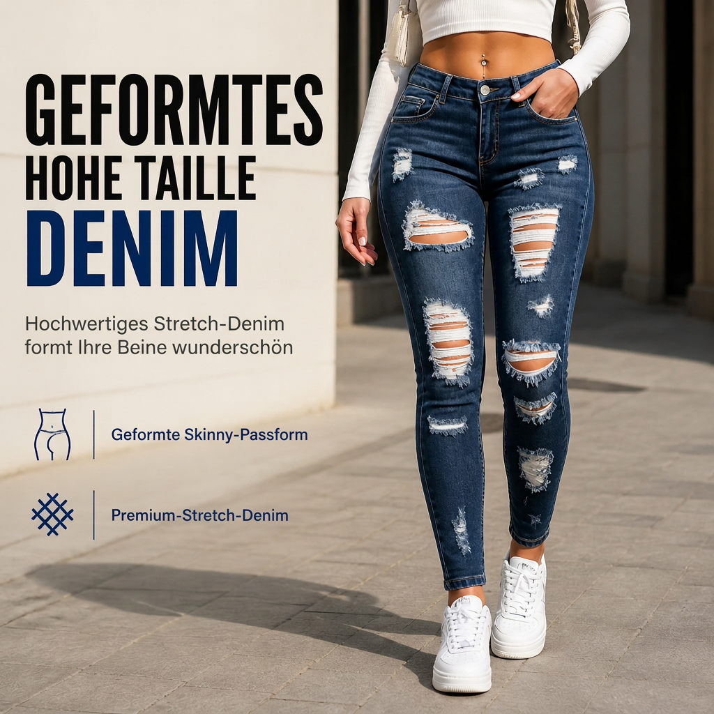 🔥Beliebtes Produkt ！✨Damen High Waist Ripped Skinny Jeans, Destroyed Dehnbare Denim-Hose