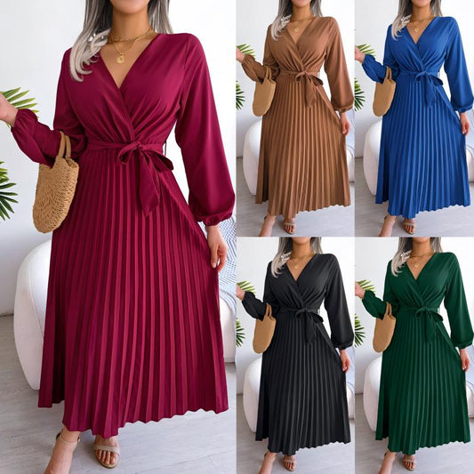 📢📢50%Rabatt!!!🎉✨Langes plissiertes Wickelkleid mit Bindegürtel für Damen