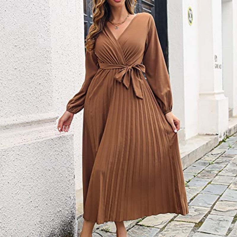 📢📢50%Rabatt!!!🎉✨Langes plissiertes Wickelkleid mit Bindegürtel für Damen