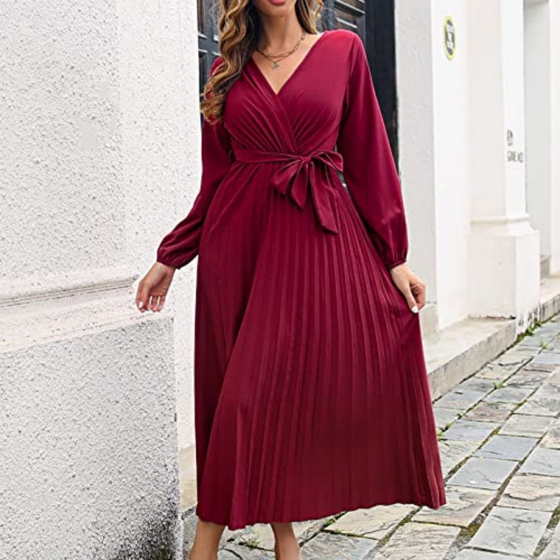 📢📢50%Rabatt!!!🎉✨Langes plissiertes Wickelkleid mit Bindegürtel für Damen