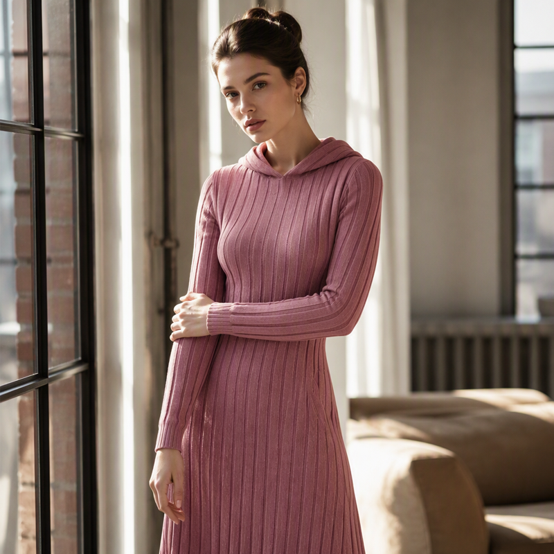 👗 50% Rabatt | Optisch längere Silhouette & gemütlicher Komfort – Rippstrick-Kapuzenkleid