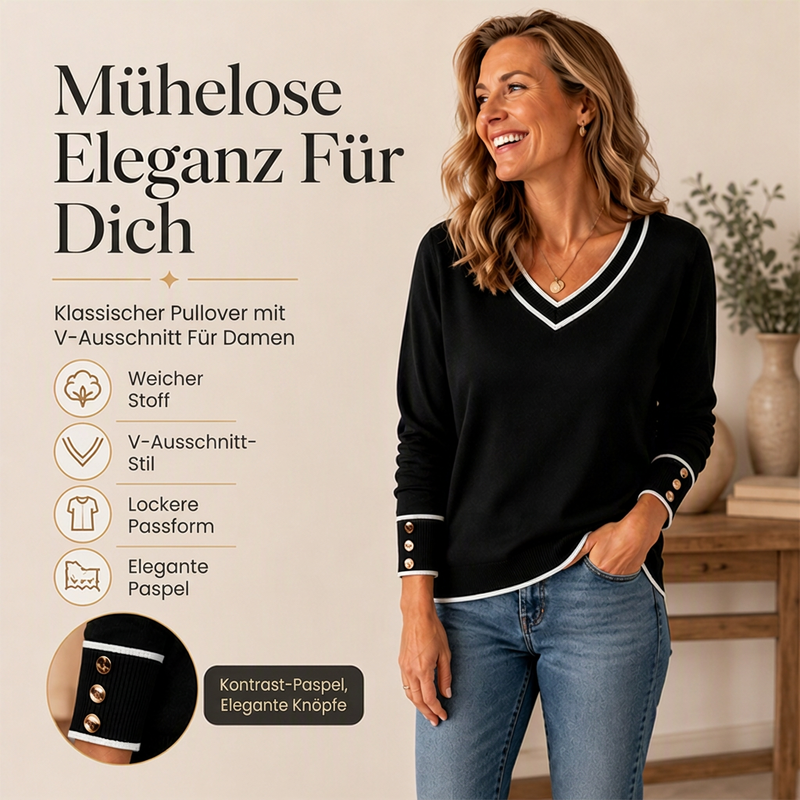 📢📢50%Rabatt!!!🎉✨Elegantes Strickoberteil mit kontrastierendem V-Ausschnitt für Damen