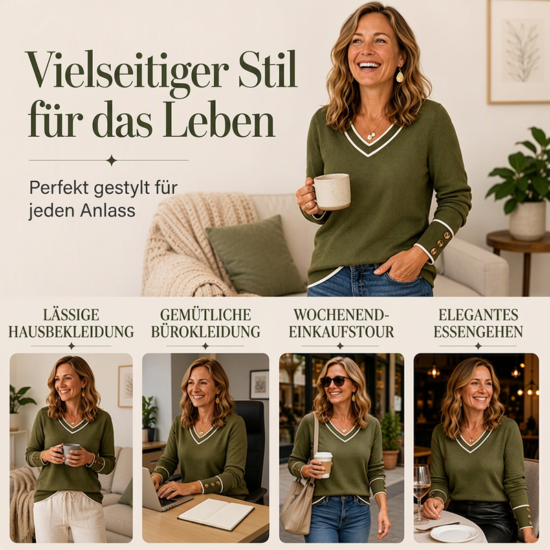 📢📢50%Rabatt!!!🎉✨Elegantes Strickoberteil mit kontrastierendem V-Ausschnitt für Damen