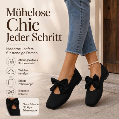 🔥Beliebtes Produkt ！✨Flache Strick-Ballerinas mit Schleife und eckiger Zehenpartie für Damen