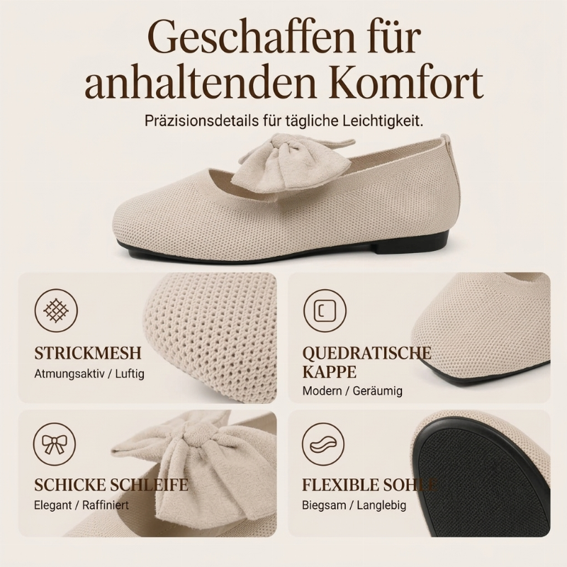🔥Beliebtes Produkt ！✨Flache Strick-Ballerinas mit Schleife und eckiger Zehenpartie für Damen