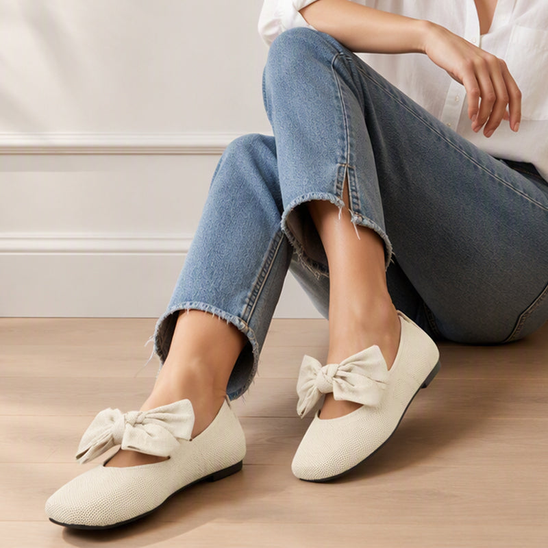 🔥Beliebtes Produkt ！✨Flache Strick-Ballerinas mit Schleife und eckiger Zehenpartie für Damen