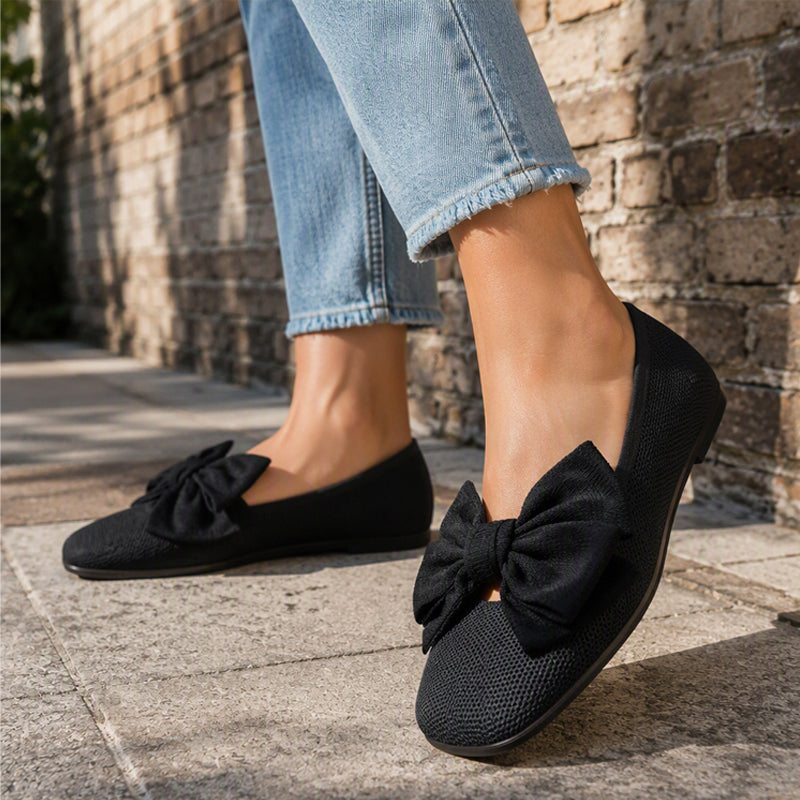 🔥Beliebtes Produkt ！✨Flache Strick-Ballerinas mit Schleife und eckiger Zehenpartie für Damen