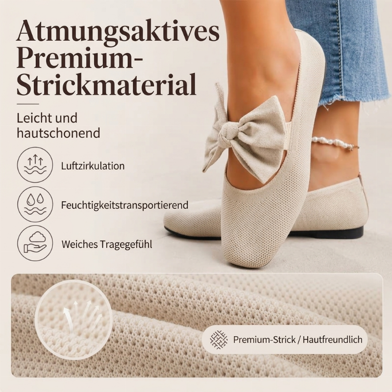 🔥Beliebtes Produkt ！✨Flache Strick-Ballerinas mit Schleife und eckiger Zehenpartie für Damen