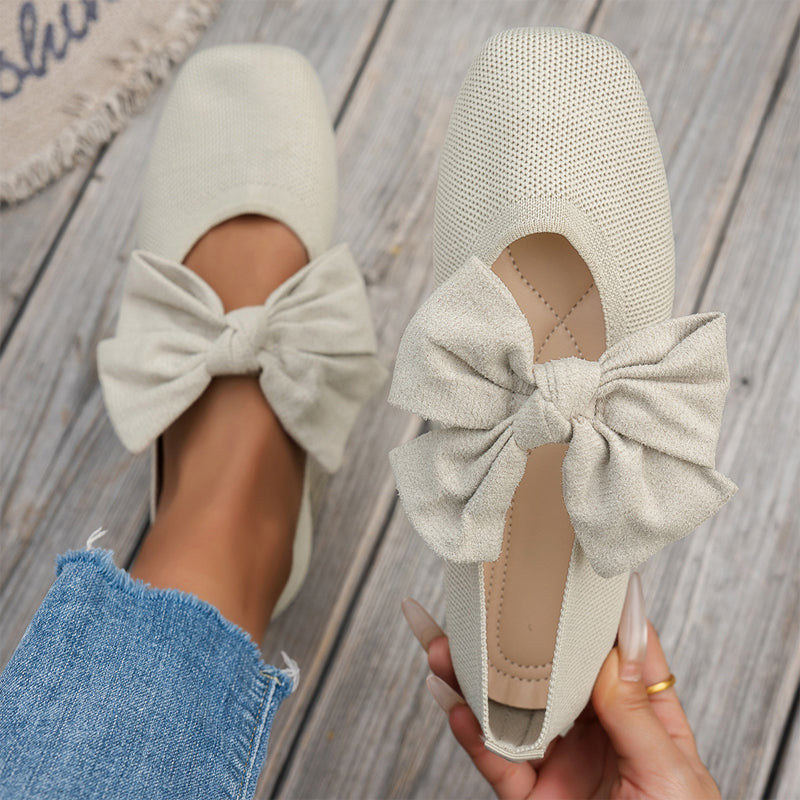 🔥Beliebtes Produkt ！✨Flache Strick-Ballerinas mit Schleife und eckiger Zehenpartie für Damen