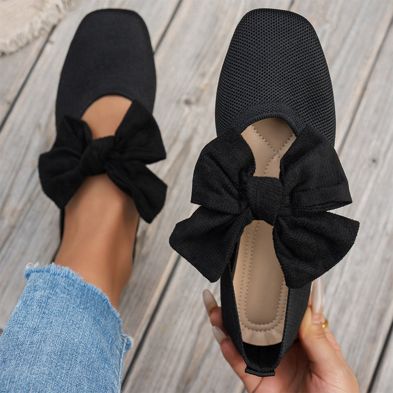 🔥Beliebtes Produkt ！✨Flache Strick-Ballerinas mit Schleife und eckiger Zehenpartie für Damen