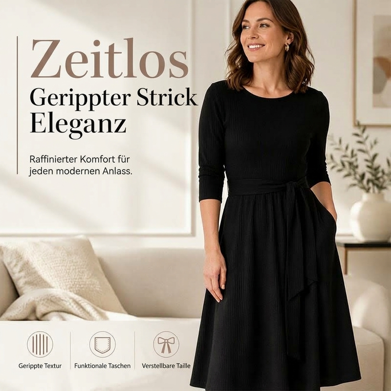 🔥Beliebtes Produkt ！✨Geripptes A-Linie-Midikleid für Damen mit Rundhalsausschnitt, 3/4-Ärmeln und Taschen