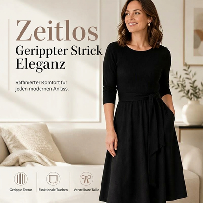 🔥Beliebtes Produkt ！✨Geripptes A-Linie-Midikleid für Damen mit Rundhalsausschnitt, 3/4-Ärmeln und Taschen