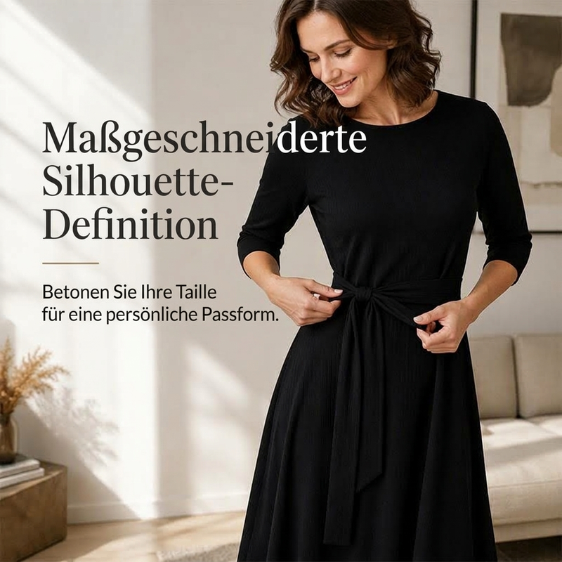 🔥Beliebtes Produkt ！✨Geripptes A-Linie-Midikleid für Damen mit Rundhalsausschnitt, 3/4-Ärmeln und Taschen