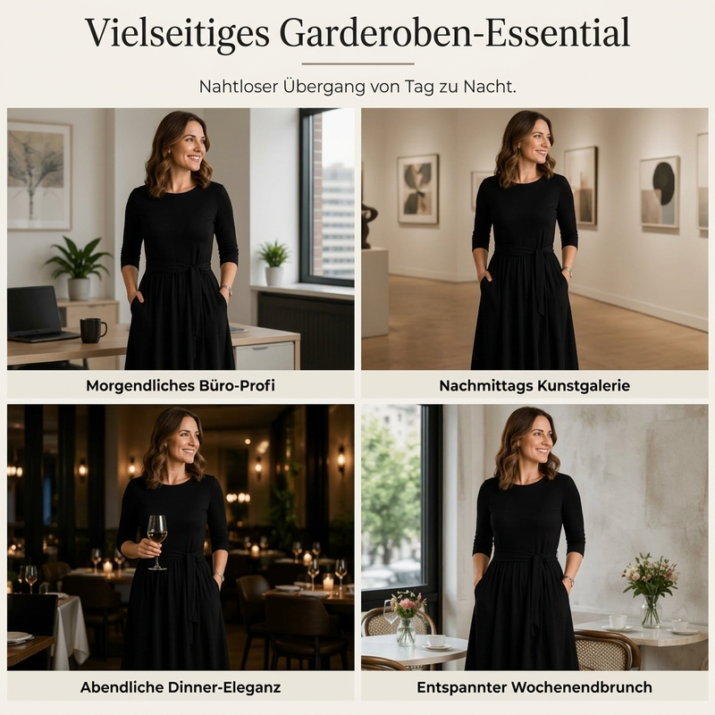 🔥Beliebtes Produkt ！✨Geripptes A-Linie-Midikleid für Damen mit Rundhalsausschnitt, 3/4-Ärmeln und Taschen