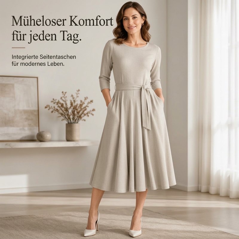 🔥Beliebtes Produkt ！✨Geripptes A-Linie-Midikleid für Damen mit Rundhalsausschnitt, 3/4-Ärmeln und Taschen