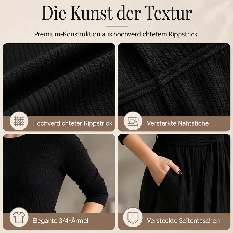 🔥Beliebtes Produkt ！✨Geripptes A-Linie-Midikleid für Damen mit Rundhalsausschnitt, 3/4-Ärmeln und Taschen