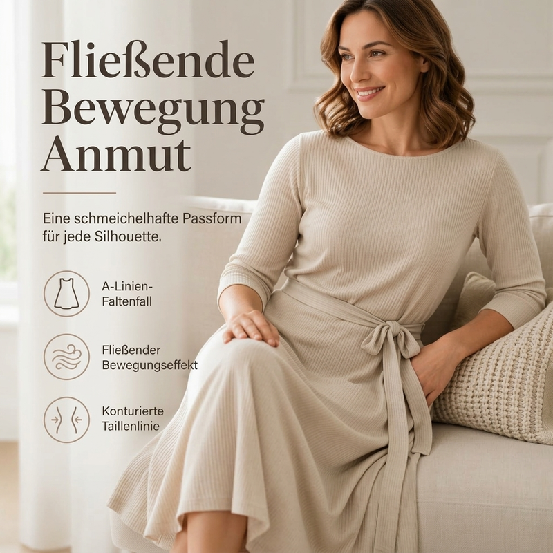 🔥Beliebtes Produkt ！✨Geripptes A-Linie-Midikleid für Damen mit Rundhalsausschnitt, 3/4-Ärmeln und Taschen
