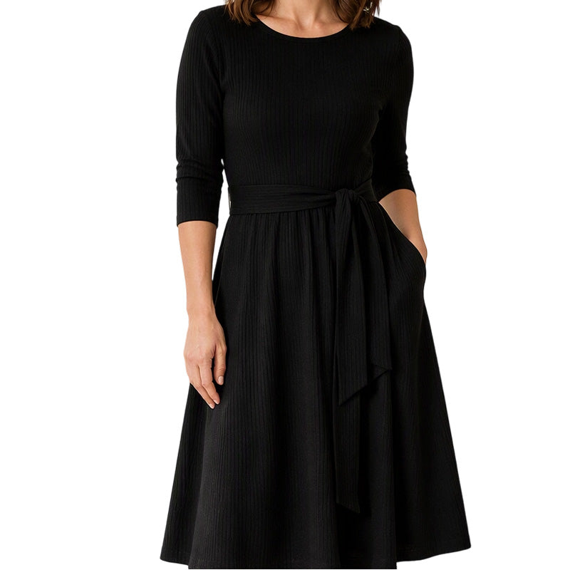🔥Beliebtes Produkt ！✨Geripptes A-Linie-Midikleid für Damen mit Rundhalsausschnitt, 3/4-Ärmeln und Taschen