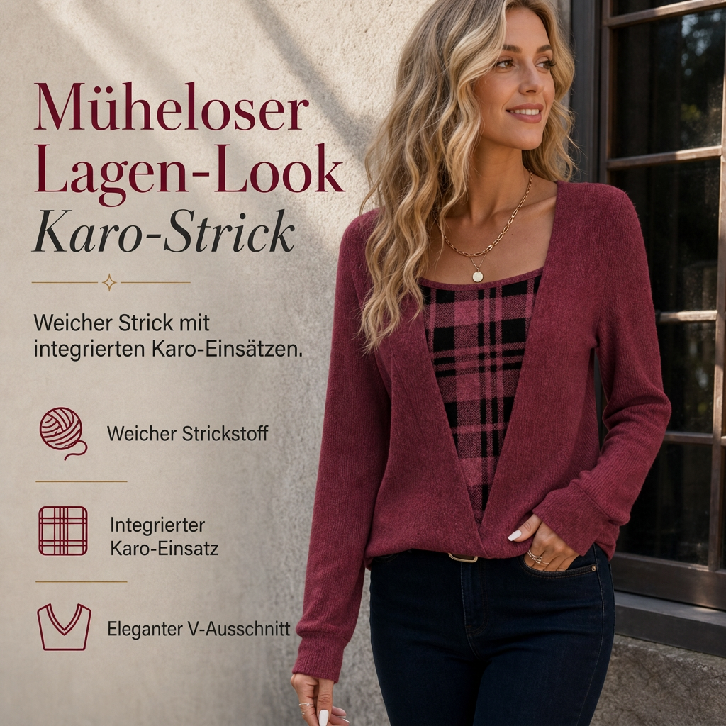 🔥Beliebtes Produkt ！✨Kariertes Strickoberteil für Damen im Layering-Look