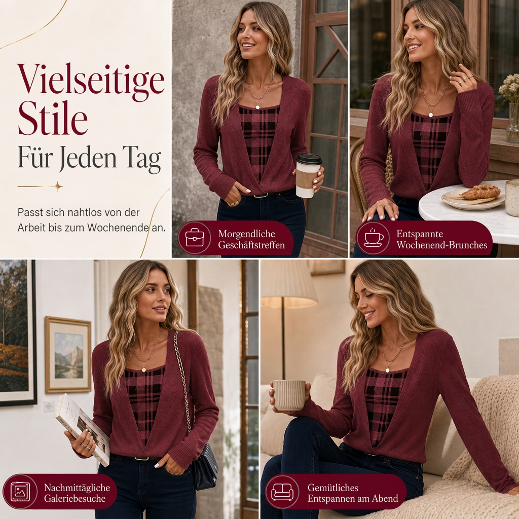 🔥Beliebtes Produkt ！✨Kariertes Strickoberteil für Damen im Layering-Look