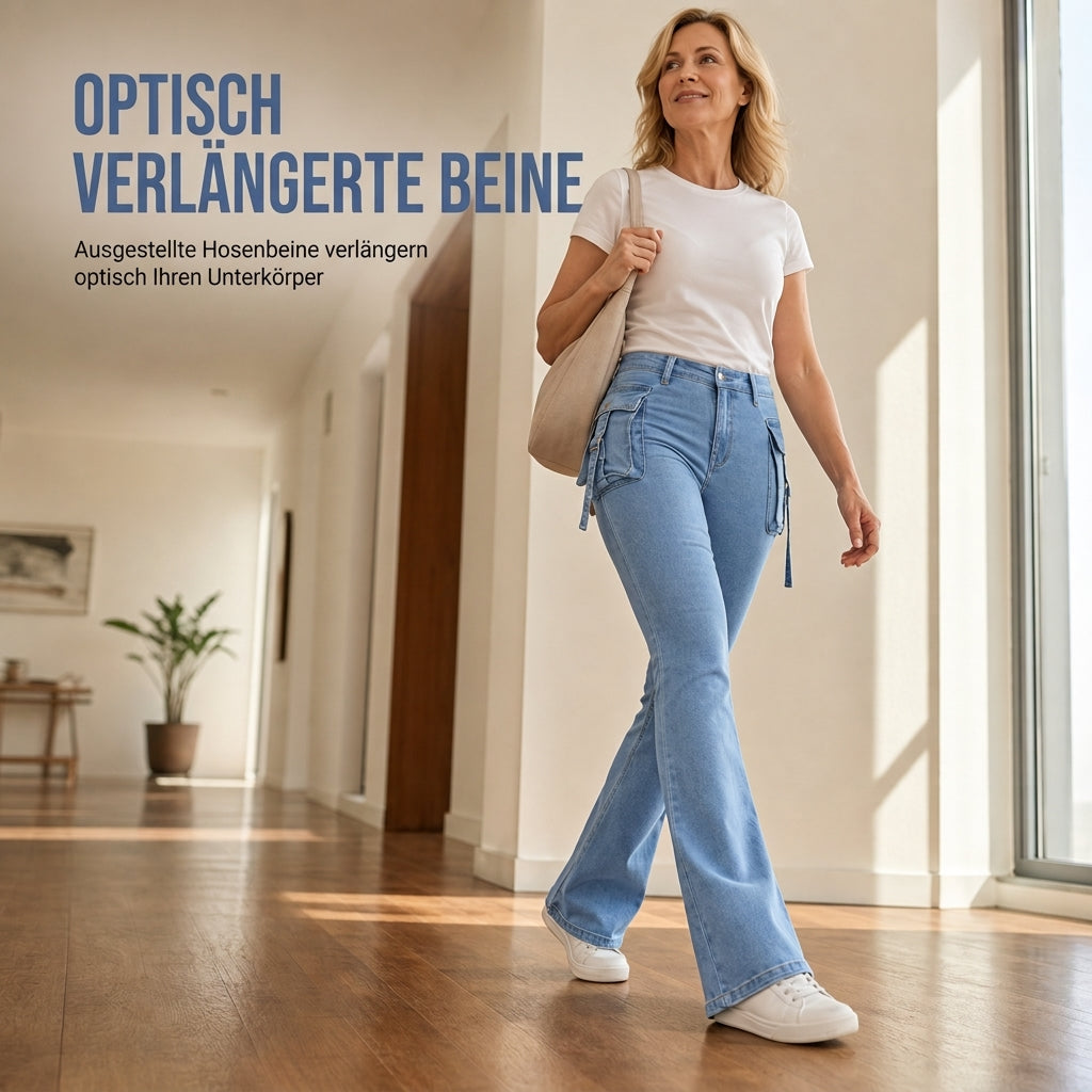 🔥Beliebtes Produkt ！✨Hochelastische, taillierte Cargo-Schlagjeans für Damen mit Pattenentaschen