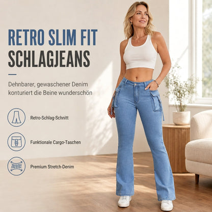 🔥Beliebtes Produkt ！✨Hochelastische, taillierte Cargo-Schlagjeans für Damen mit Pattenentaschen