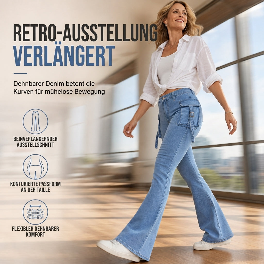 🔥Beliebtes Produkt ！✨Hochelastische, taillierte Cargo-Schlagjeans für Damen mit Pattenentaschen