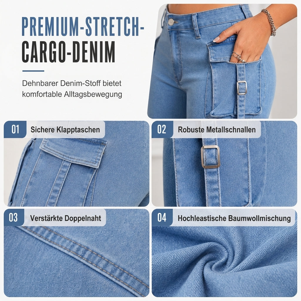 🔥Beliebtes Produkt ！✨Hochelastische, taillierte Cargo-Schlagjeans für Damen mit Pattenentaschen