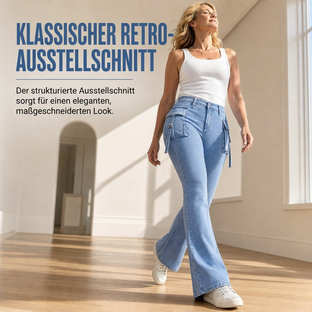 🔥Beliebtes Produkt ！✨Hochelastische, taillierte Cargo-Schlagjeans für Damen mit Pattenentaschen