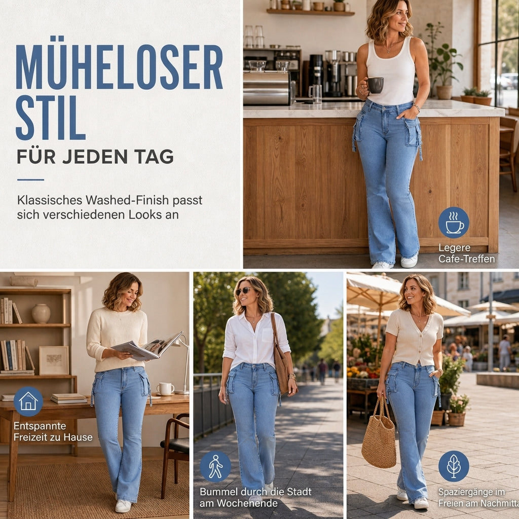 🔥Beliebtes Produkt ！✨Hochelastische, taillierte Cargo-Schlagjeans für Damen mit Pattenentaschen