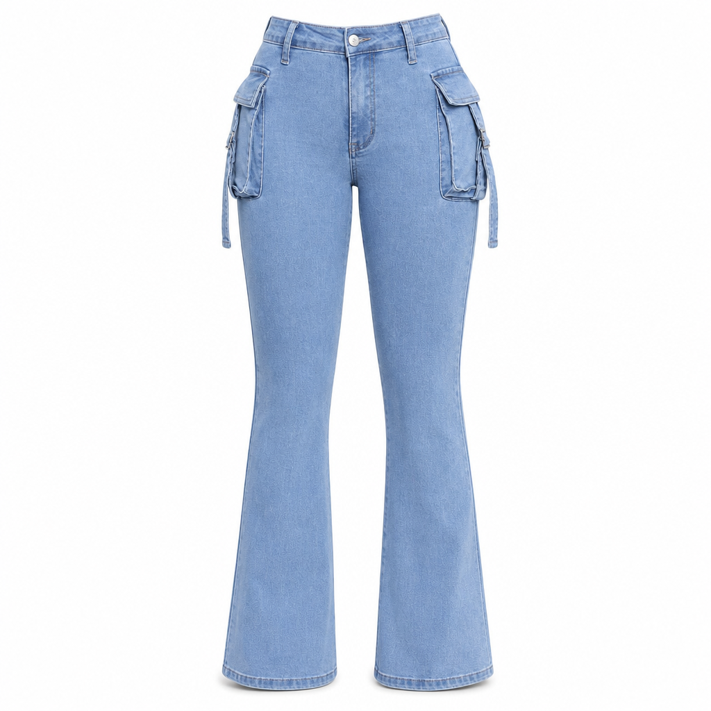 🔥Beliebtes Produkt ！✨Hochelastische, taillierte Cargo-Schlagjeans für Damen mit Pattenentaschen
